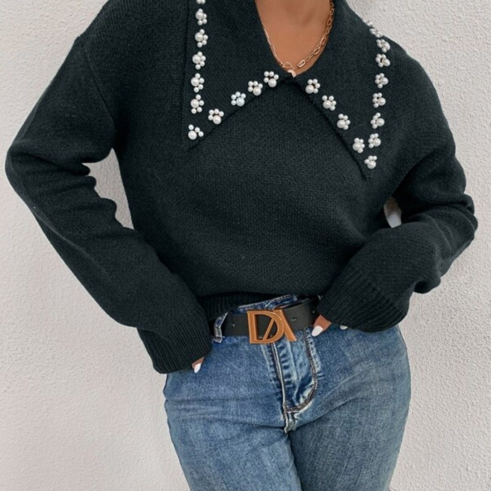 Collar Pearl Detail Drop Shoulder Sweater - Picture 2 of 6